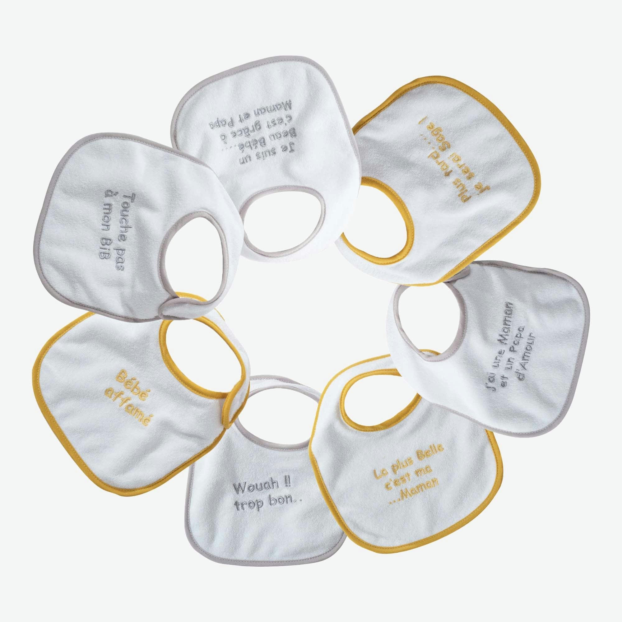 - Lot de 7 bavoirs de naissance à velcro Maman et papa d'amour