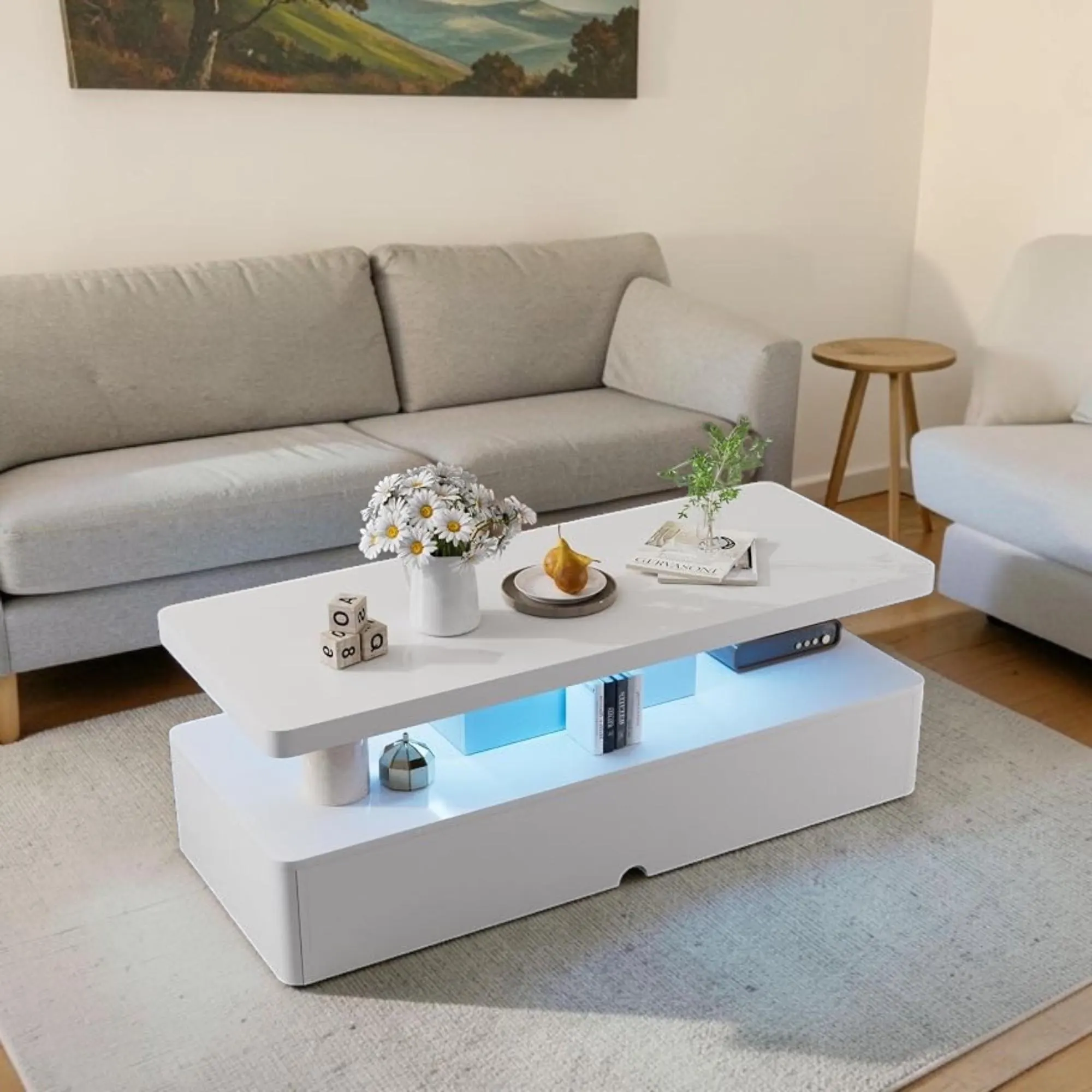 Modern LED Coffee Table with Double-Layer Storage, Black