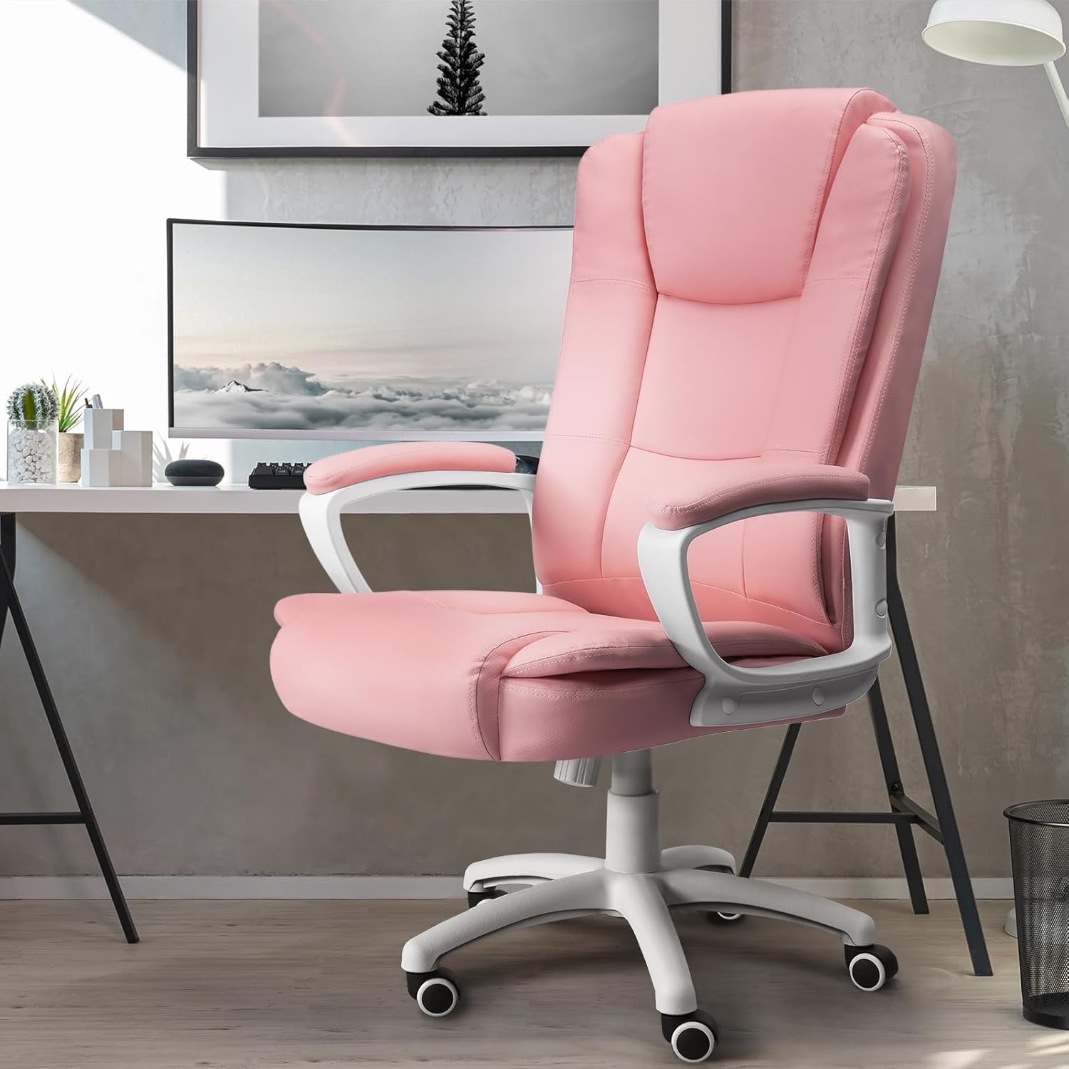 OFIKA Home Office Chair, Ergonomic Desk Chair, Adjustable Task Chair for Lumbar Back Support, Computer Chair with Rolling Swivel and Armrest, Modern Executive High Back Leather Chairs (Pink)
