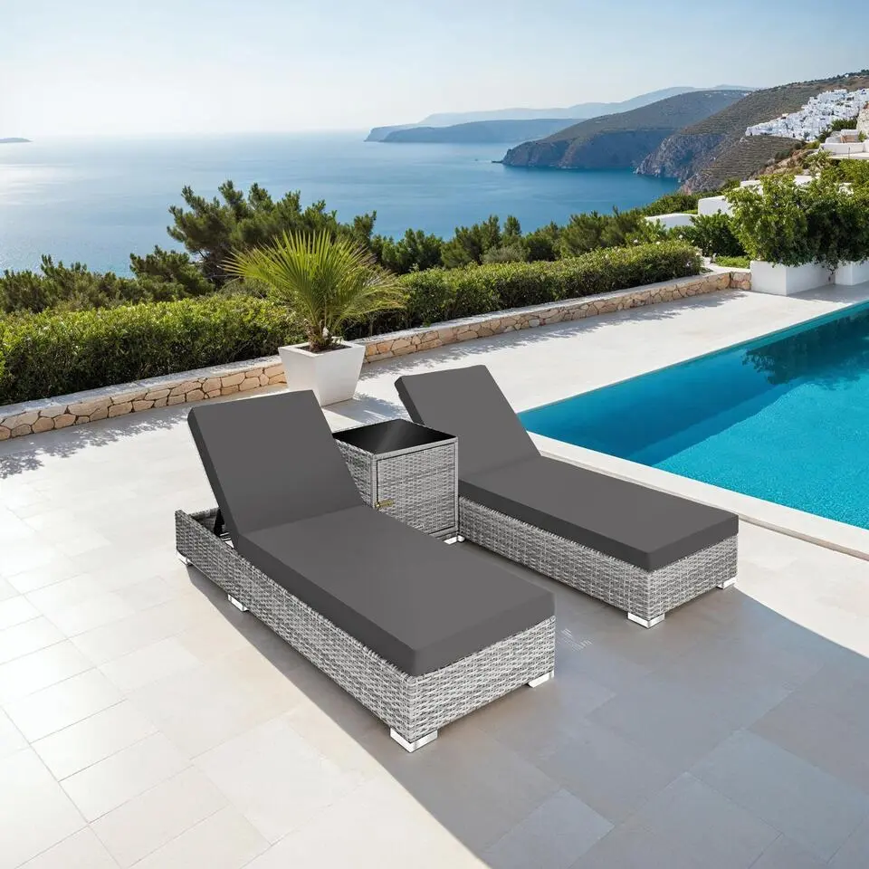 tectake 2 Wicker Ligbedden - Verstelbaar - Met Bijzettafel - Lichtgrijs