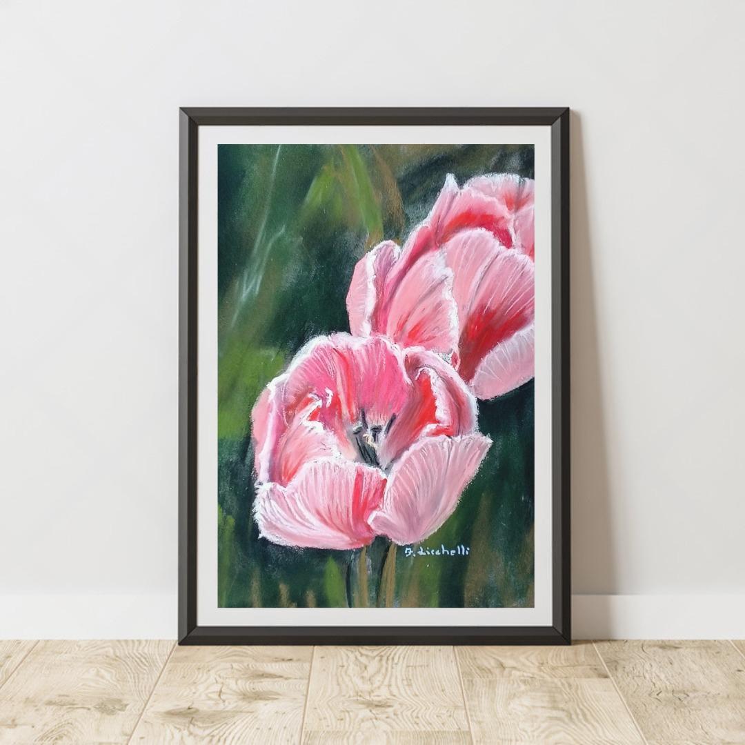 Pink Fringed Tulip Soft Pastel Painting Original Floral Wall Art Green Background
