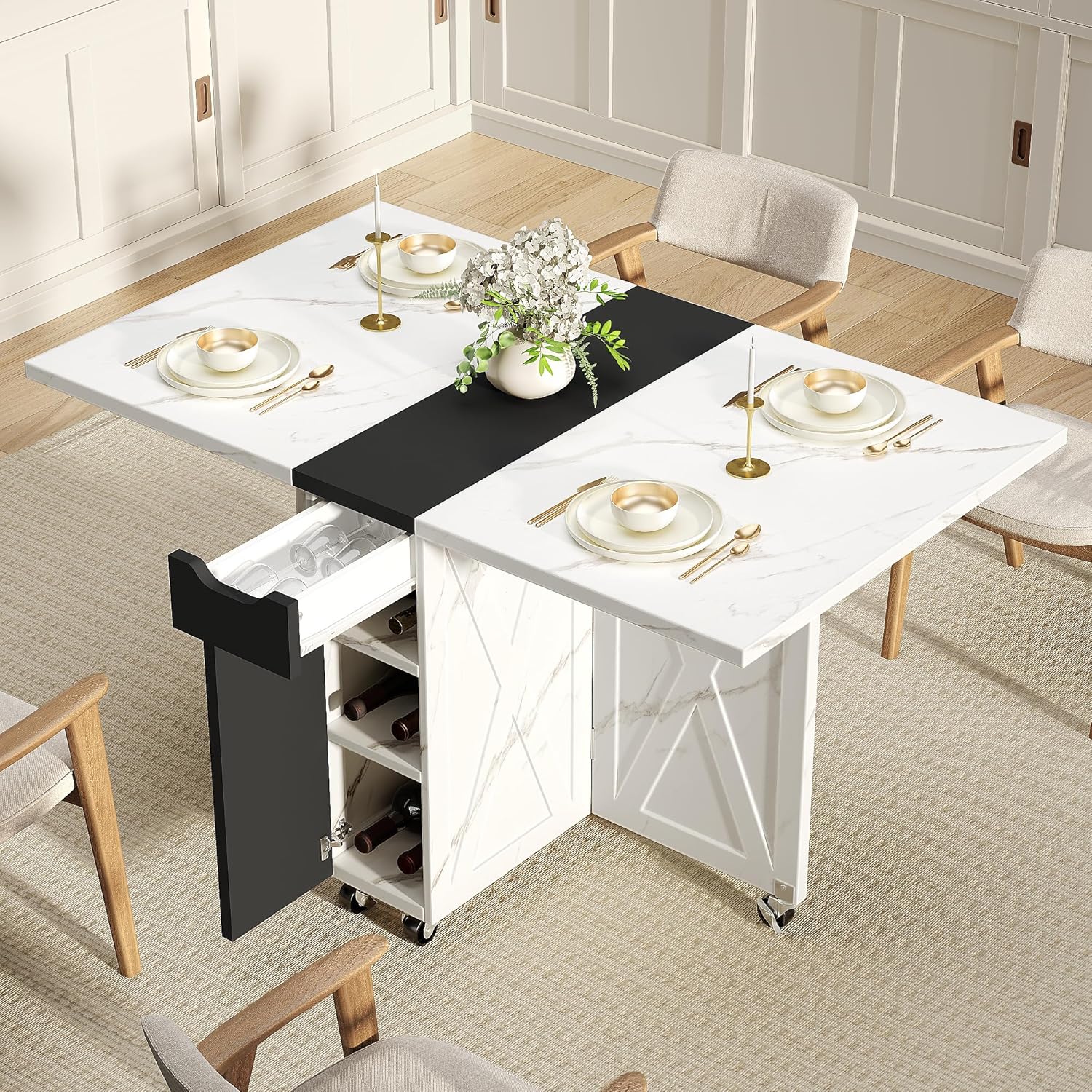 White Marble Mobile Folding Dining Table - 6-Wheel Rolling Kitchen Cart with Storage, Drop Leaf Design for Small Spaces, Seats 4-6