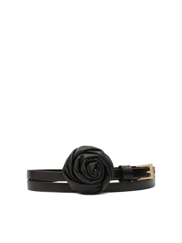Narrow leather belt with 3D rose