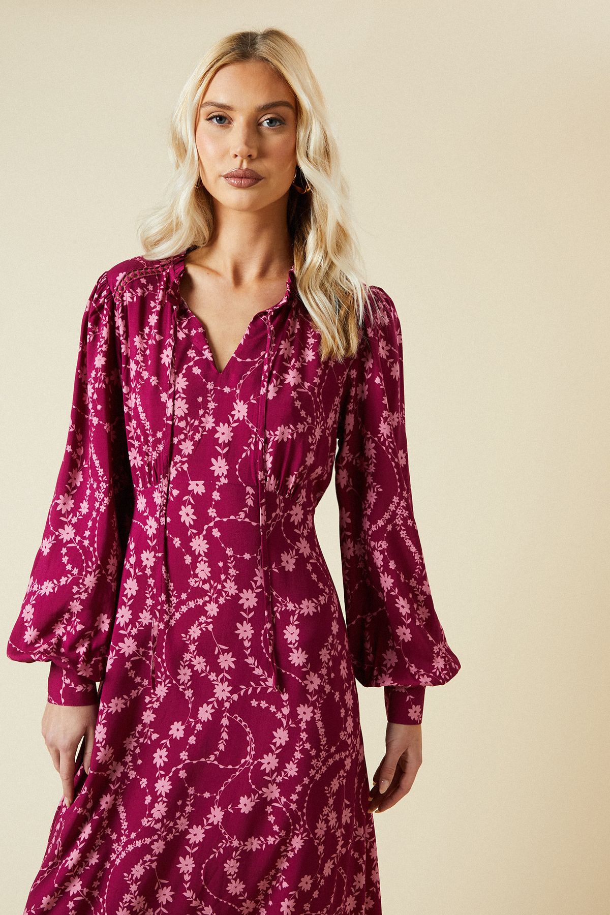 Dorothy Perkins Berry Floral Lace Yoke Midi Dress