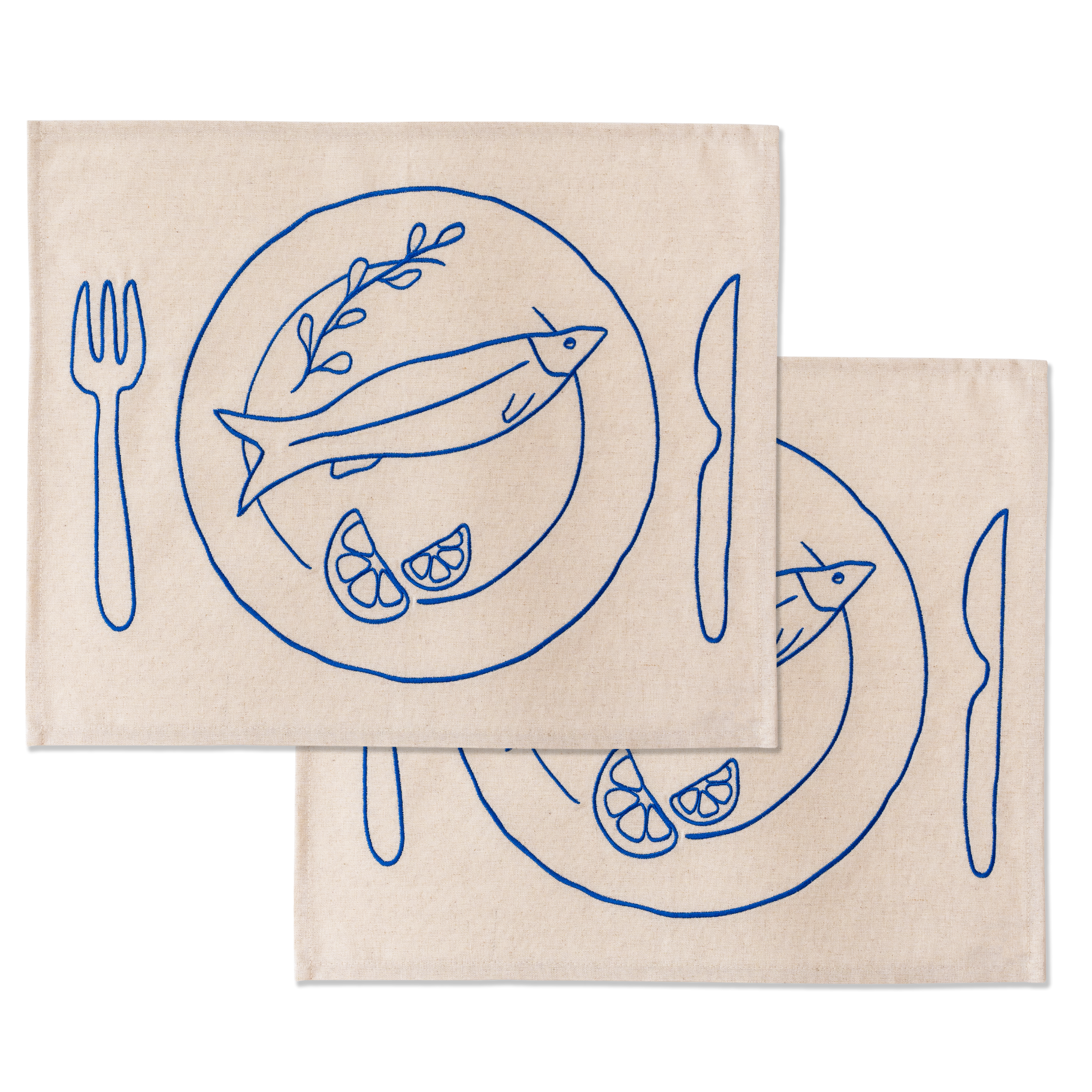 Kulu Club placemats bord met vis - linnenmix - beige - set van 2