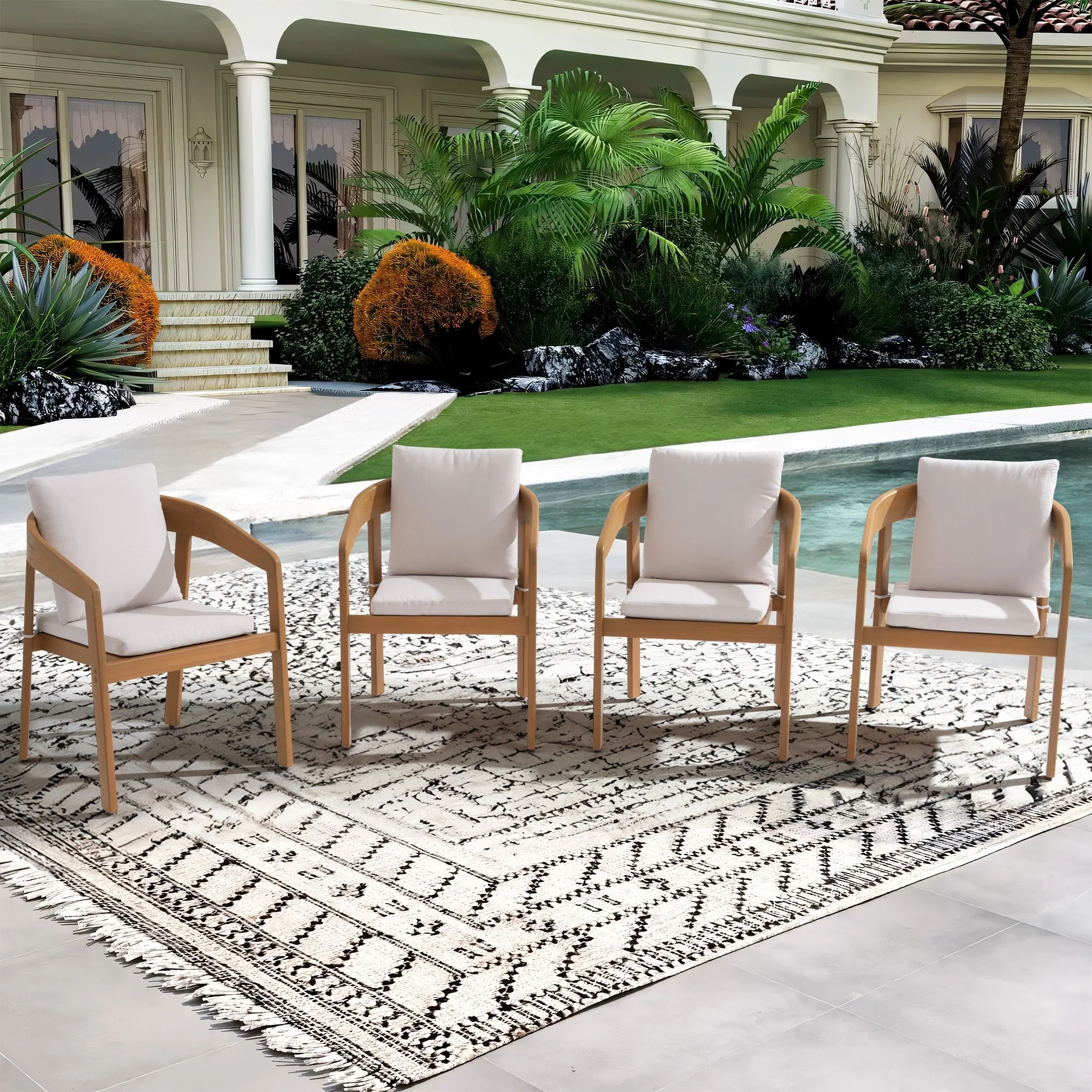 Wooden Outdoor Armchairs with Cushions, Set of 4