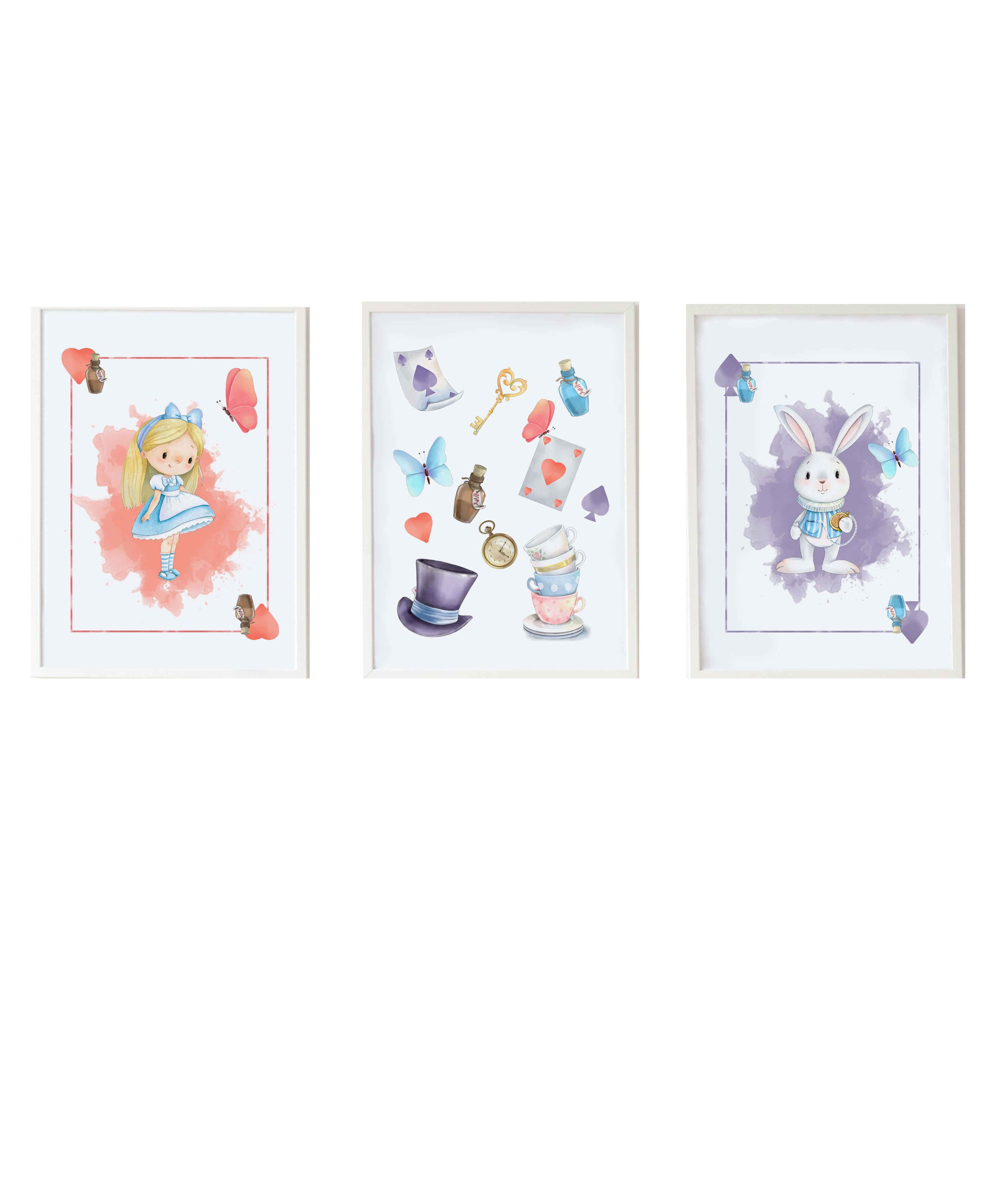 DECOWALL - Pack encadré bois blanc impression lapin Alice lettre objets 43X33 cm