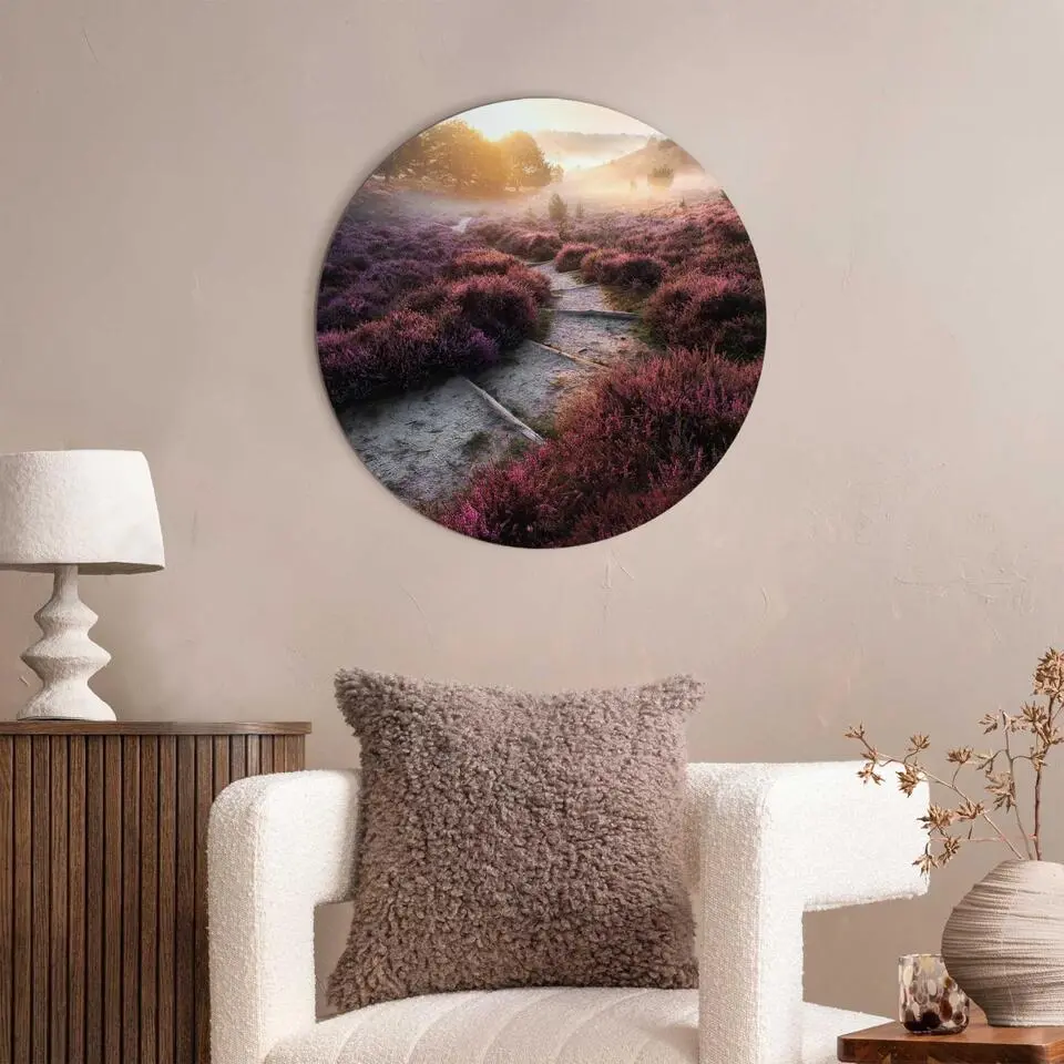 Glasschilderij Wandelpad langs de heide - &Oslash; 50 - Paars