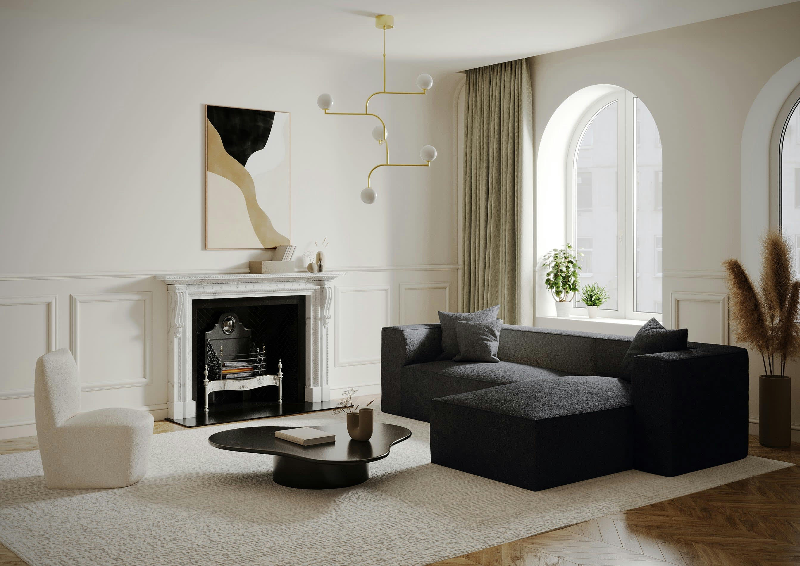 ALMA - Canapé d'angle droit tissu bouclette noir