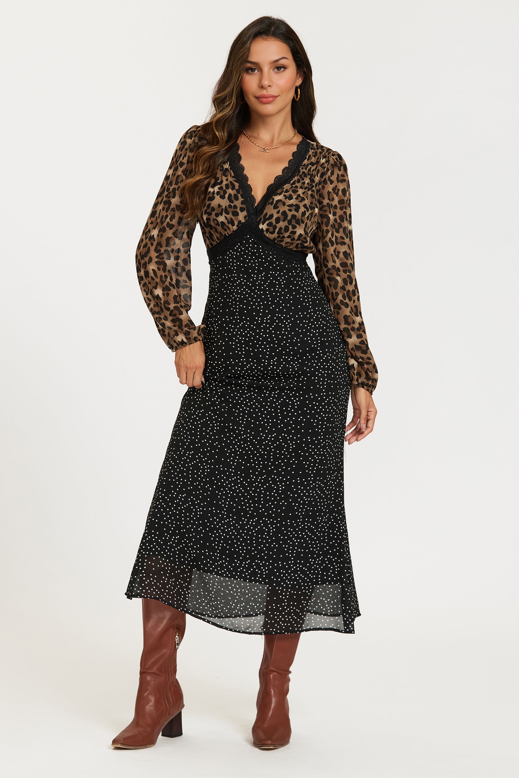 FS Collection Black Dot & Brown Leopard Print Long Sleeve Maxi Dress