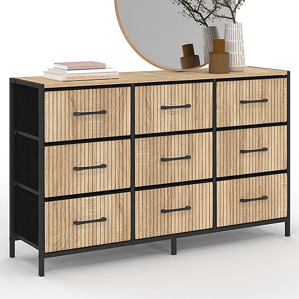 Commode 9 tiroirs en tissu UTAH 115 CM effet lattes meuble de rangement design industriel