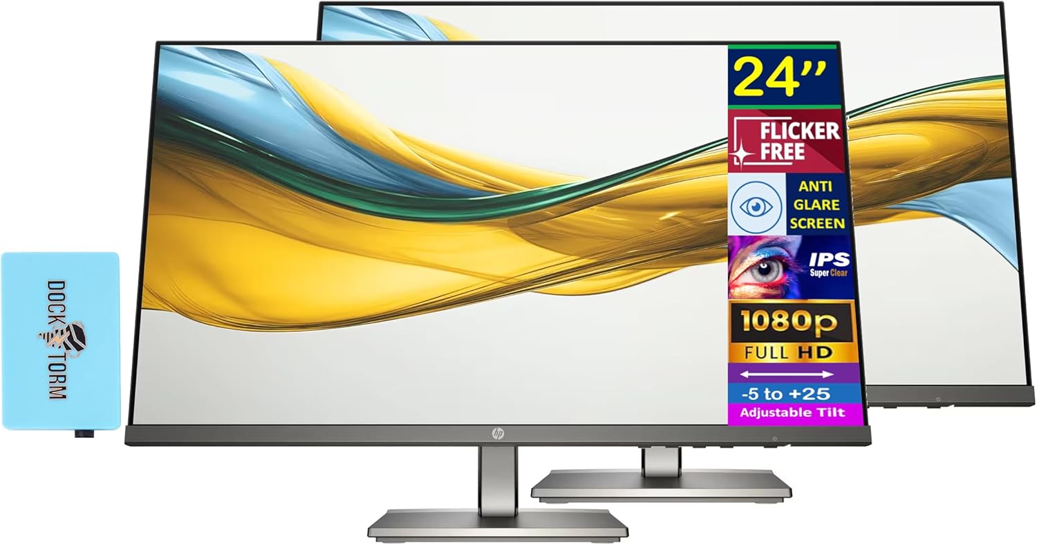 HP 24 FHD IPS Monitor with 5ms Response Time  Anti Glare  Flicker Free  VGA  HDMI & Dockztorm USB Port Expander  Black/Gray Color 2 Pack