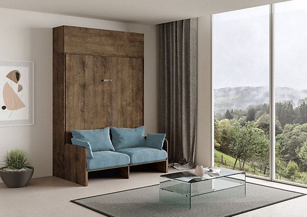 Lit double escamotable Kentaro 160 cm avec canapé et élément mural en noyer, bleu clair