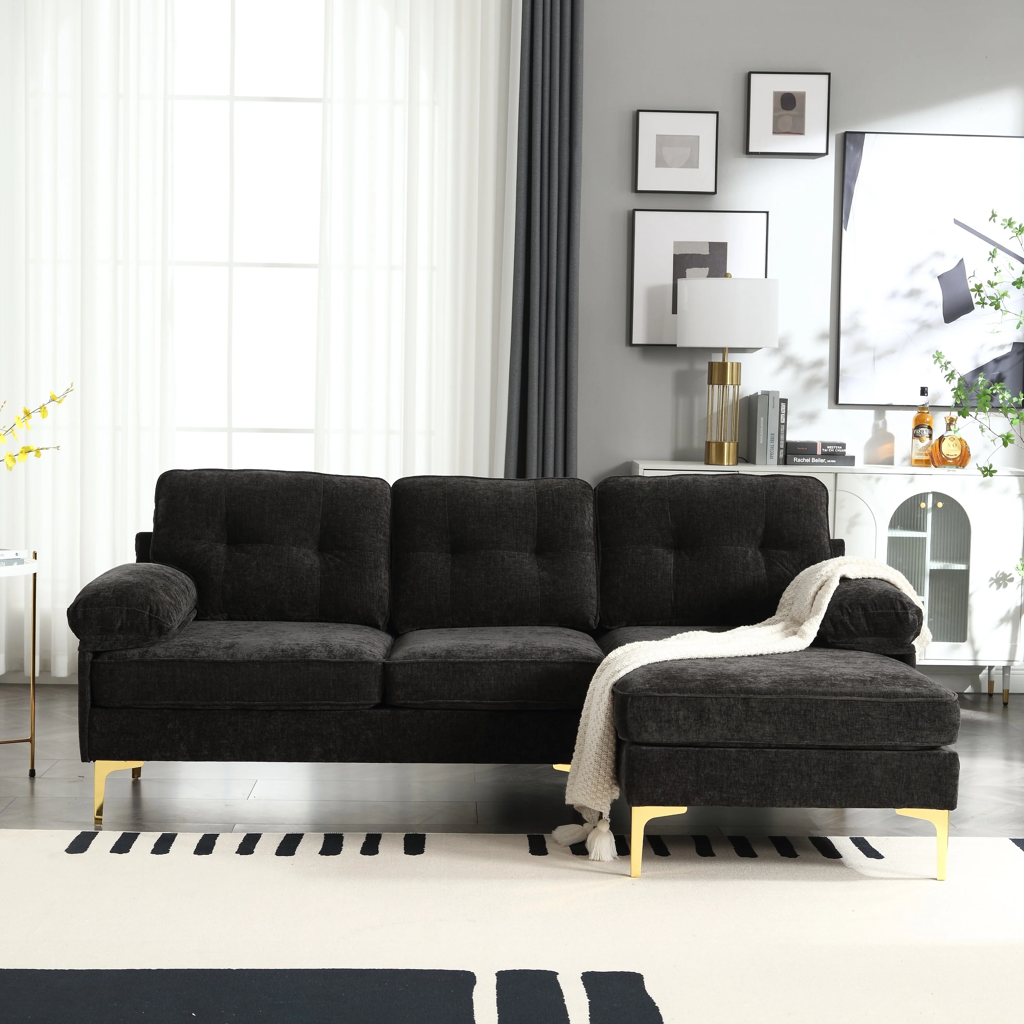 Black 85.04 Modern L-Shaped Chenille 3-Seat Sectional Sofa with Reversible Chaise, Soft Cushions, and Fluffy Armrests