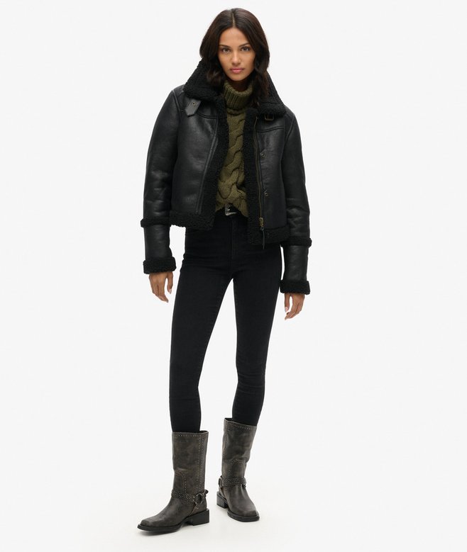 Faux Shearling Cropped Aviator Jacket