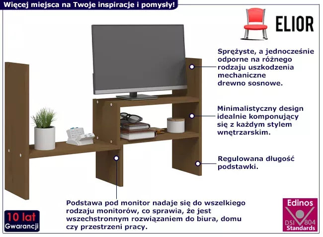 Półka na biurko z drewna sosnowego miodowy brąz - Sarvian