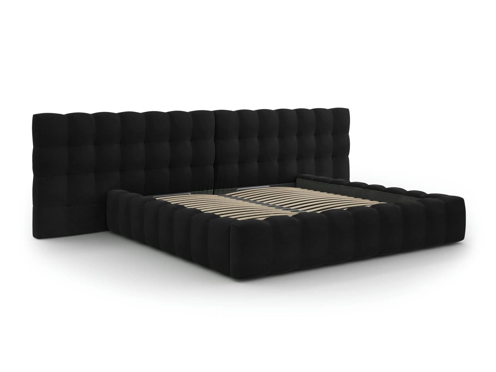 MAMAIA - Lit coffre en avec tête de lit double 200x200cm en tissu velours noir