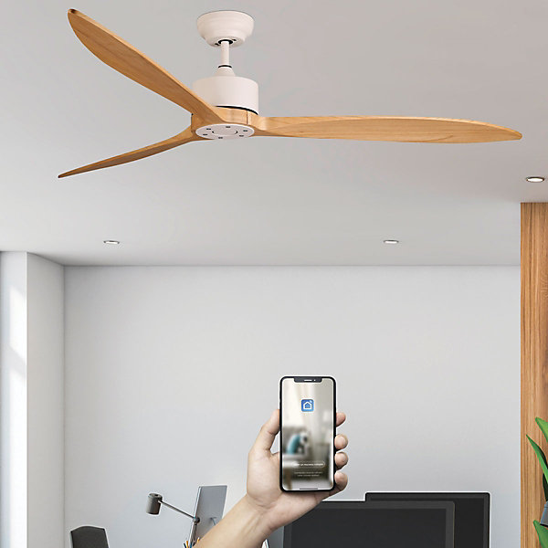 Fanelite - Ventilateur de plafond 164 cm blanc et bois GUANA - Moteur DC 35W - Télécommande - Wifi - Très silencieux