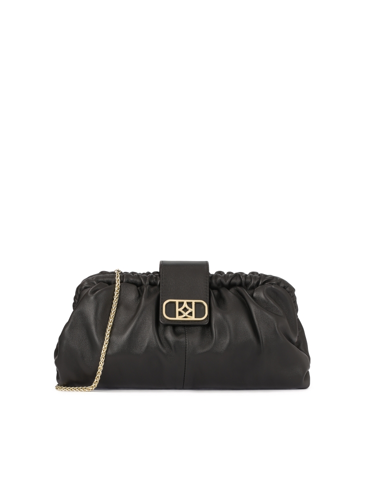 Black clutch handbag with striking logo
