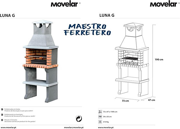 MOVELAR - Barbecue préfabriqué à bois et charbon de bois LunaxL (Gris, Orange - 73x47x190 cm) REF : 3540/1 - Usage Extérieur