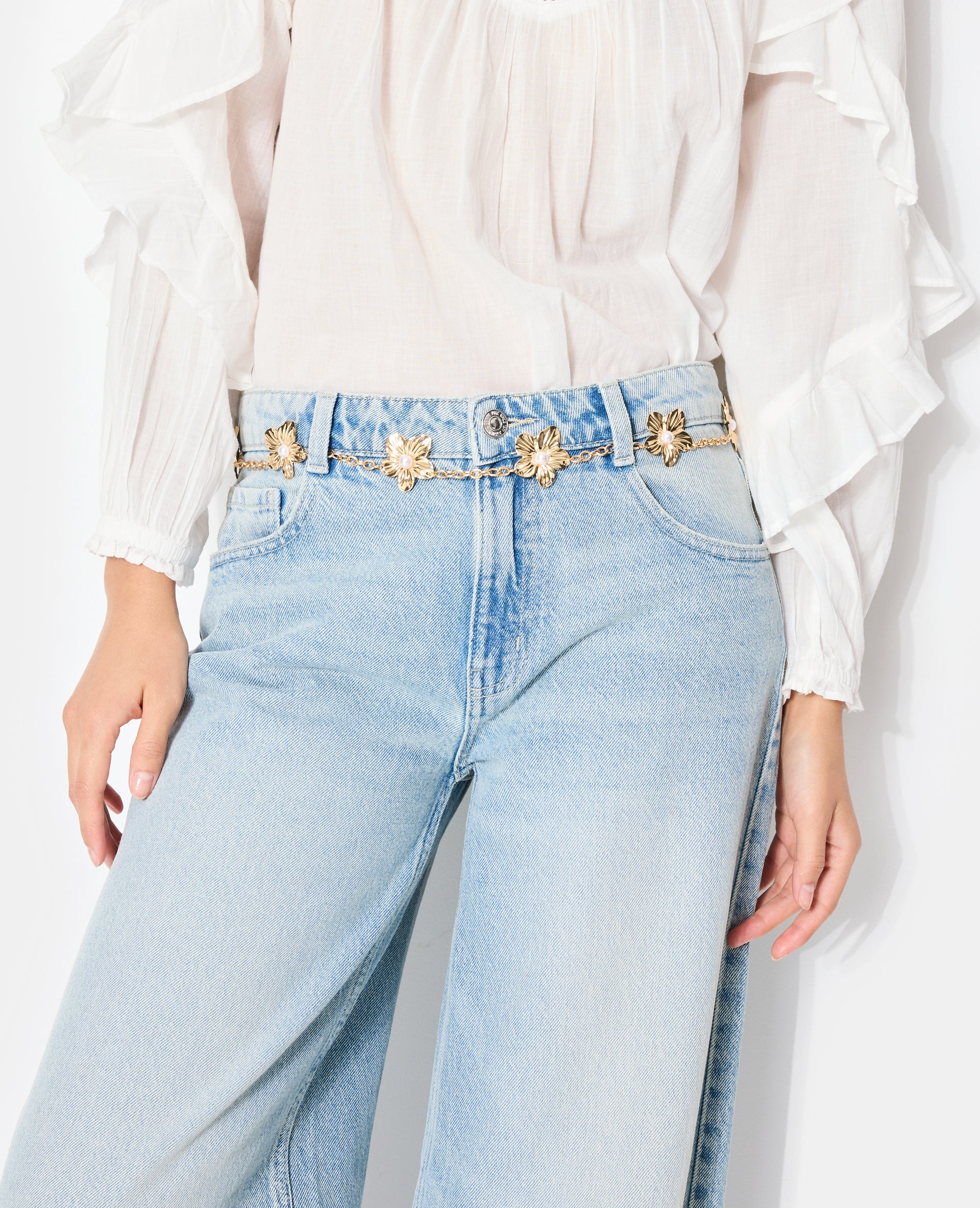 Ceinture chaîne avec fleurs ibiscus et perles