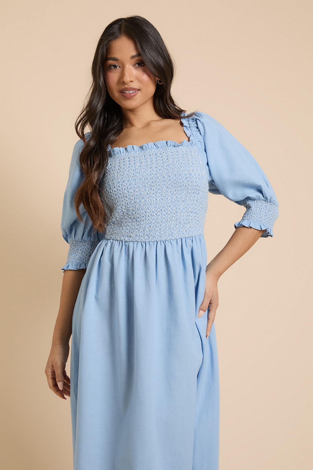 Dorothy Perkins Petite Contrast Stitch Shirred Bodice Puff Sleeve Midi Dress