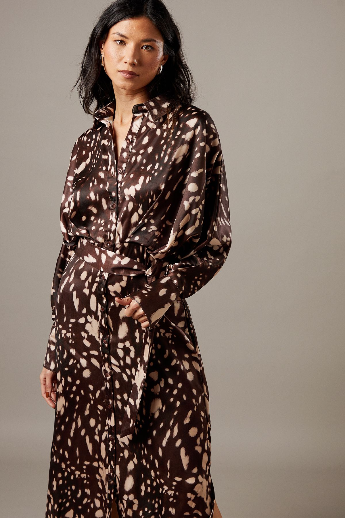 Warehouse Print Satin Batwing Split Side Midi Shirt Dress