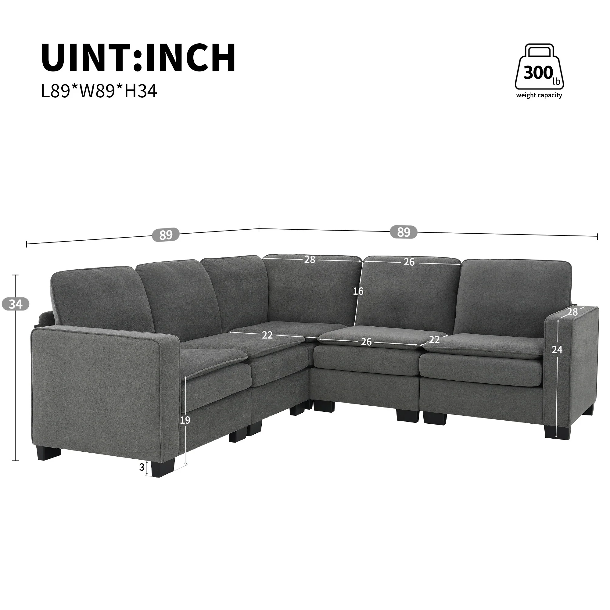89 L-Shaped Velvet 5-Seat Sectional Sofa with Removable Cushions and Backrest, Ideal for Living Room and Office