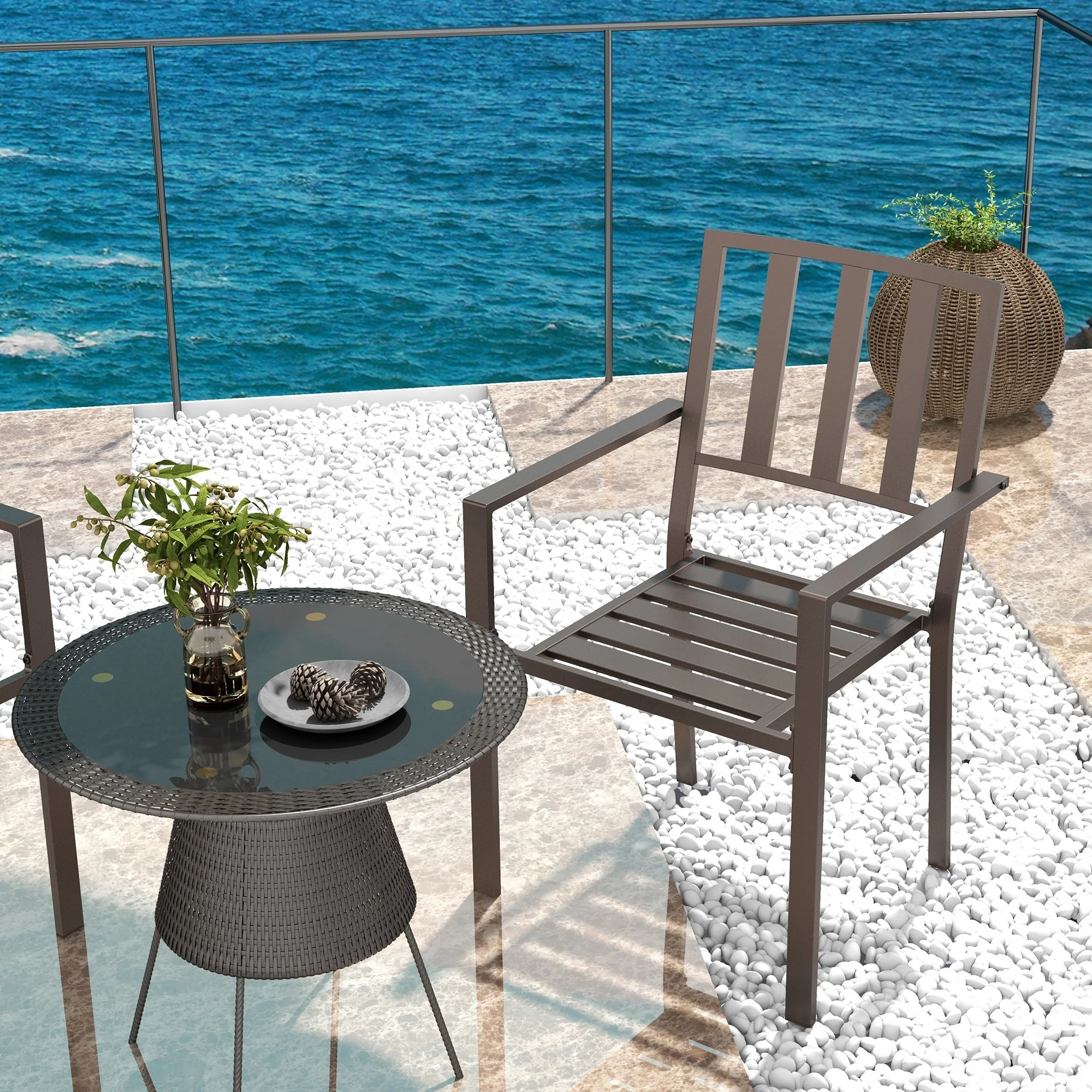 Outsunny Set of 2 Patio Dining Chairs, Stackable Outdoor Garden Bistro Chairs with Metal Slatted Seat & Backrest for Yard