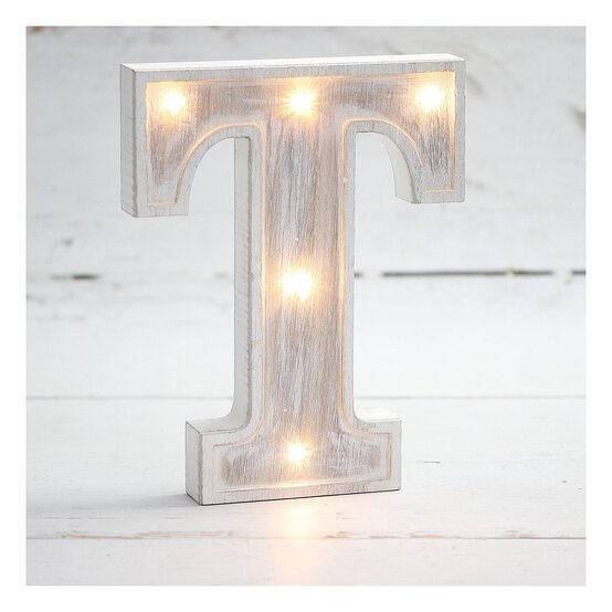 White-Washed Wooden LED Letter T 21cm