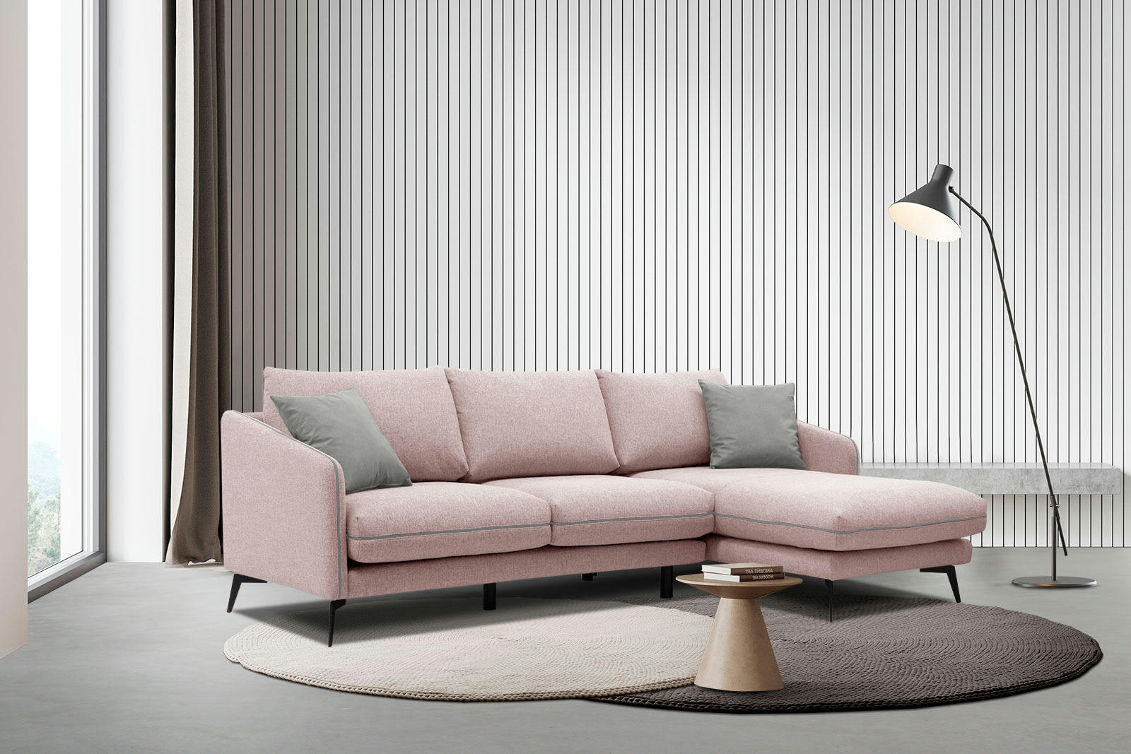 SOGEL - Canapé d'angle droit 4 places tissu rose clair