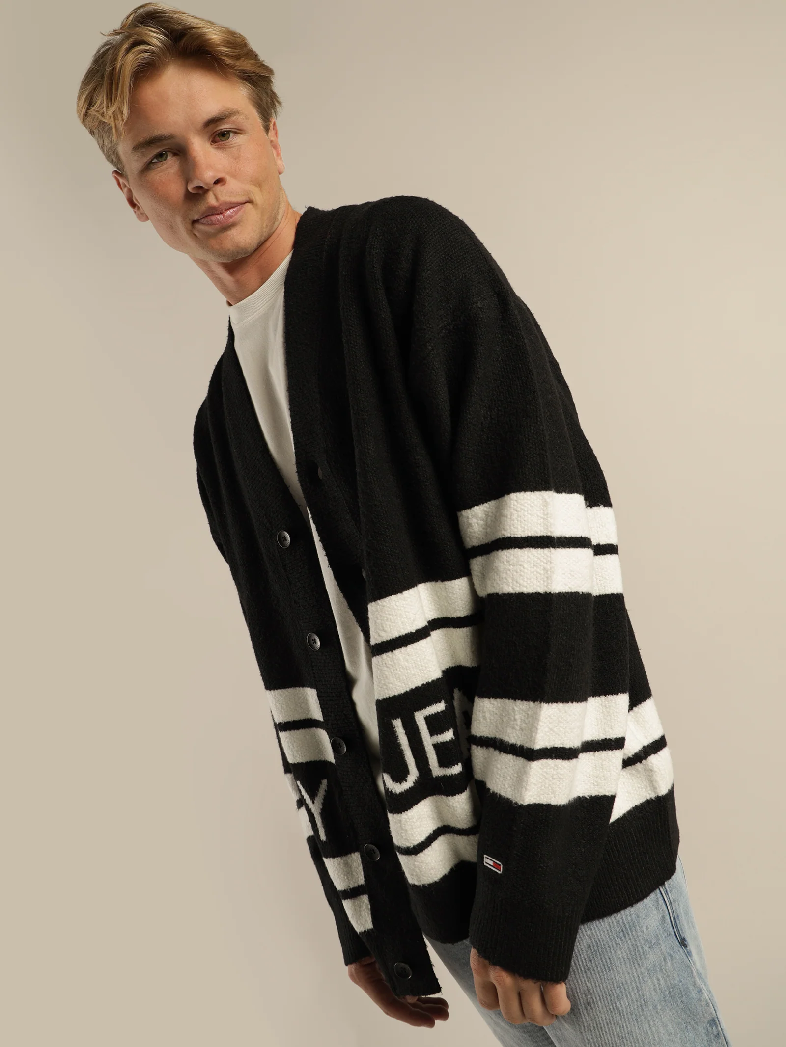 Stripe Intarsia Logo V-Neck Cardigan