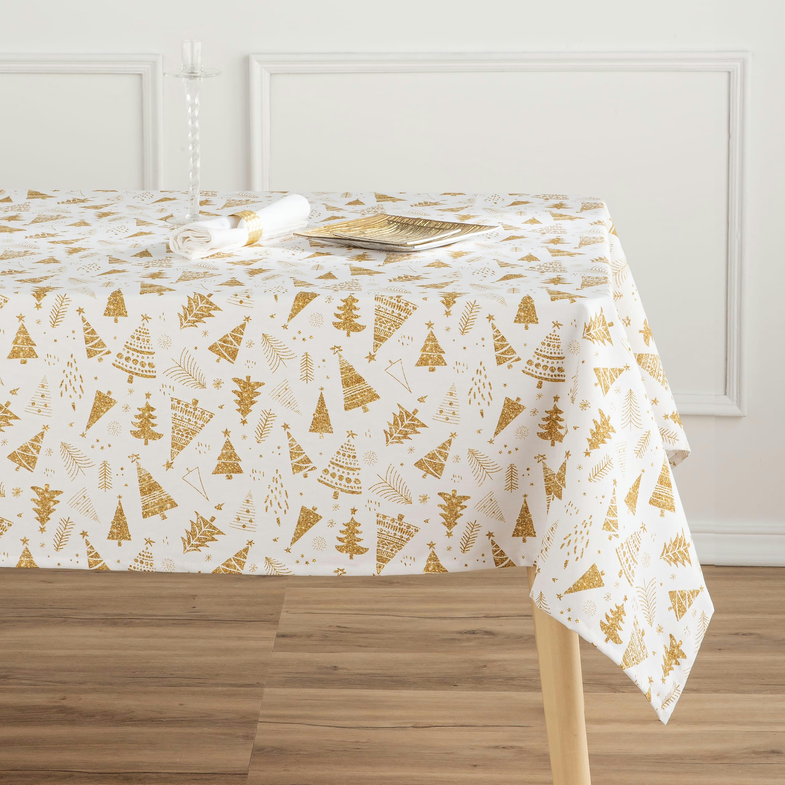 COLLECTION DE NOËL IMPRIMÉE - Nappe en coton antitâche dessin de nöel or 140x300 cm