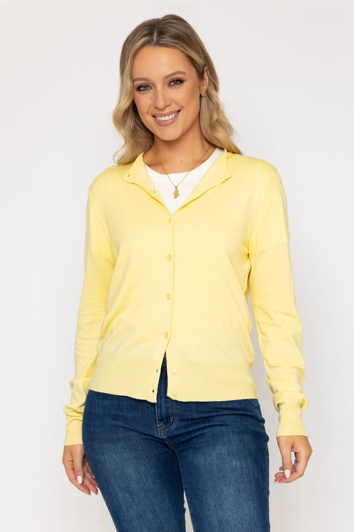 Lemon Yellow Fine Gauge Crew Neck Cardigan
