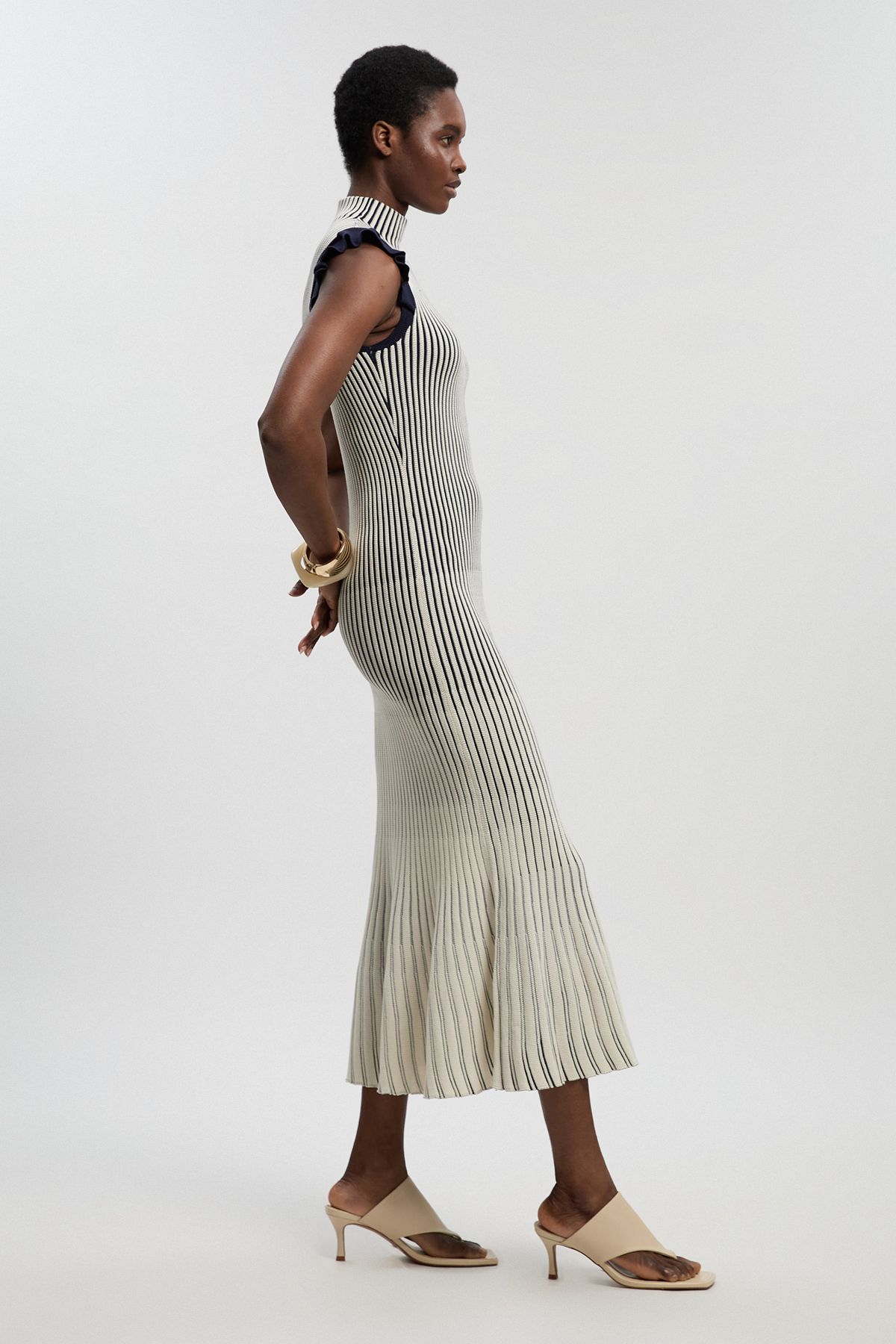 KarenMillen Petite Pointelle Frill Sleeve Knit Midi Dress