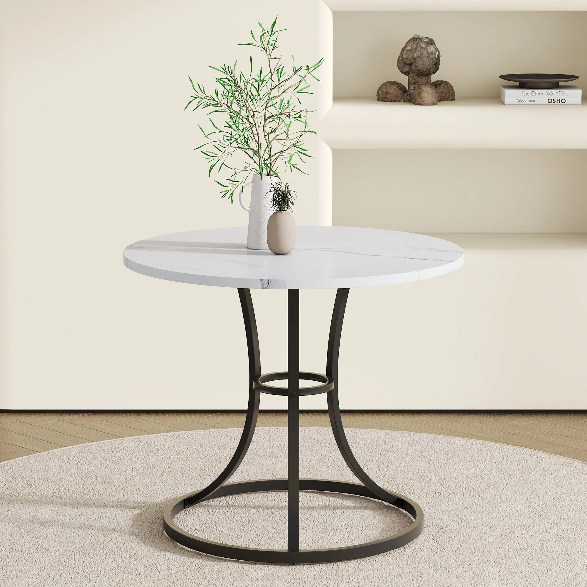Modern Round Dining Table with Marble Textured Pattern Desktop Coffee Table End Table for Dining Room