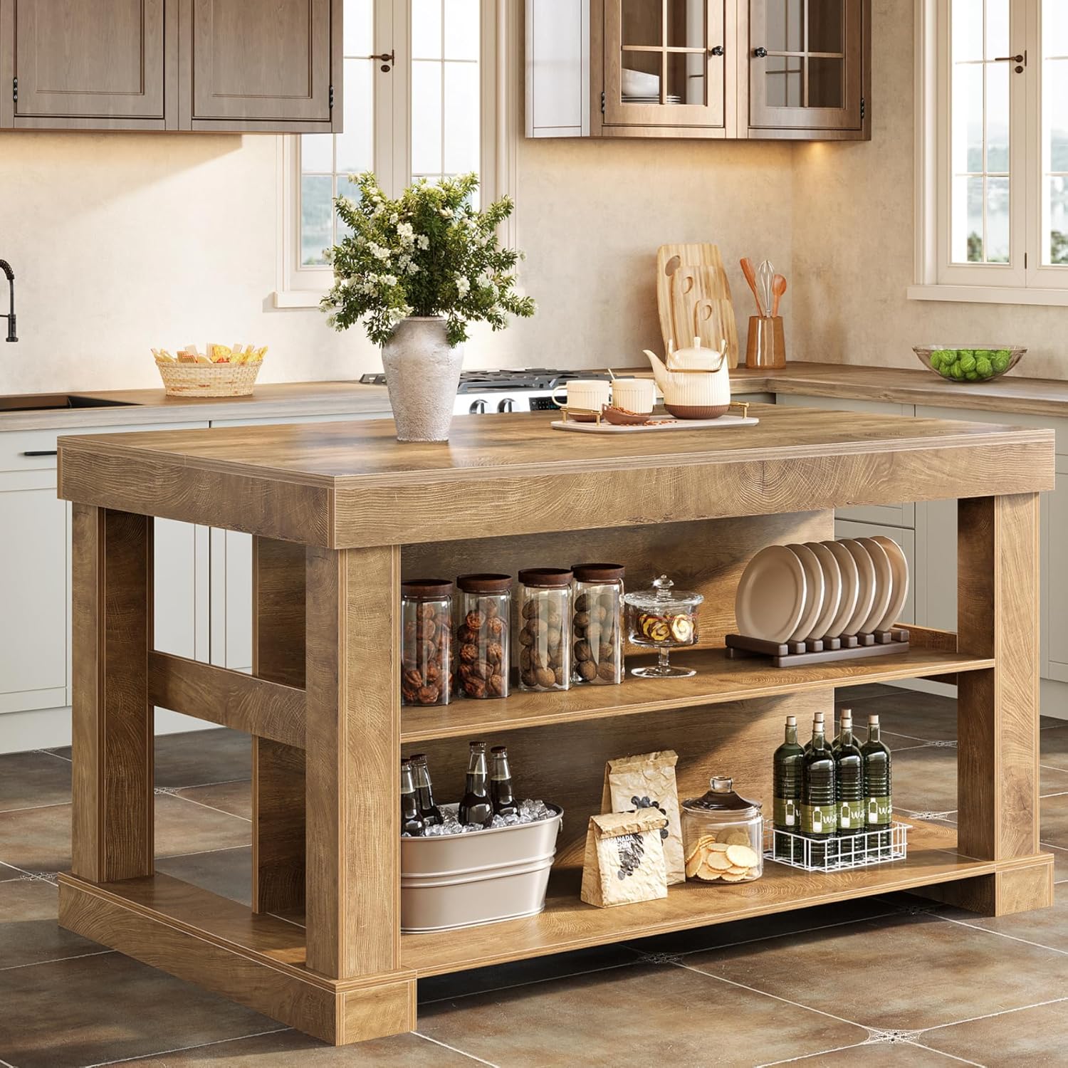 Tribesigns 55 Kitchen Island with Seating and Storage, 3-Tier Farmhouse Wood Stationary Island Table with Large Worktop & Leg Room, Coffee Bar Table with Storage Shelves for Kitchen, Natural Brown