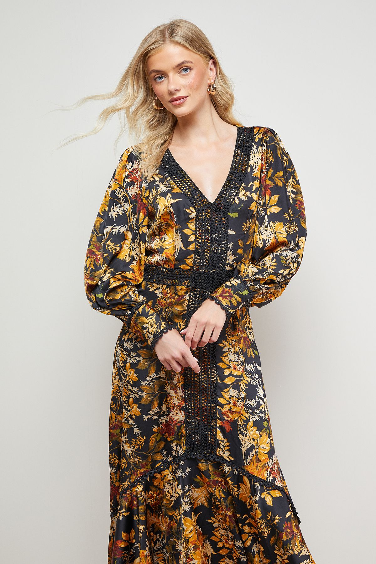 Oasis Printed Lace Trim Detail High Low Hem Midi Dress