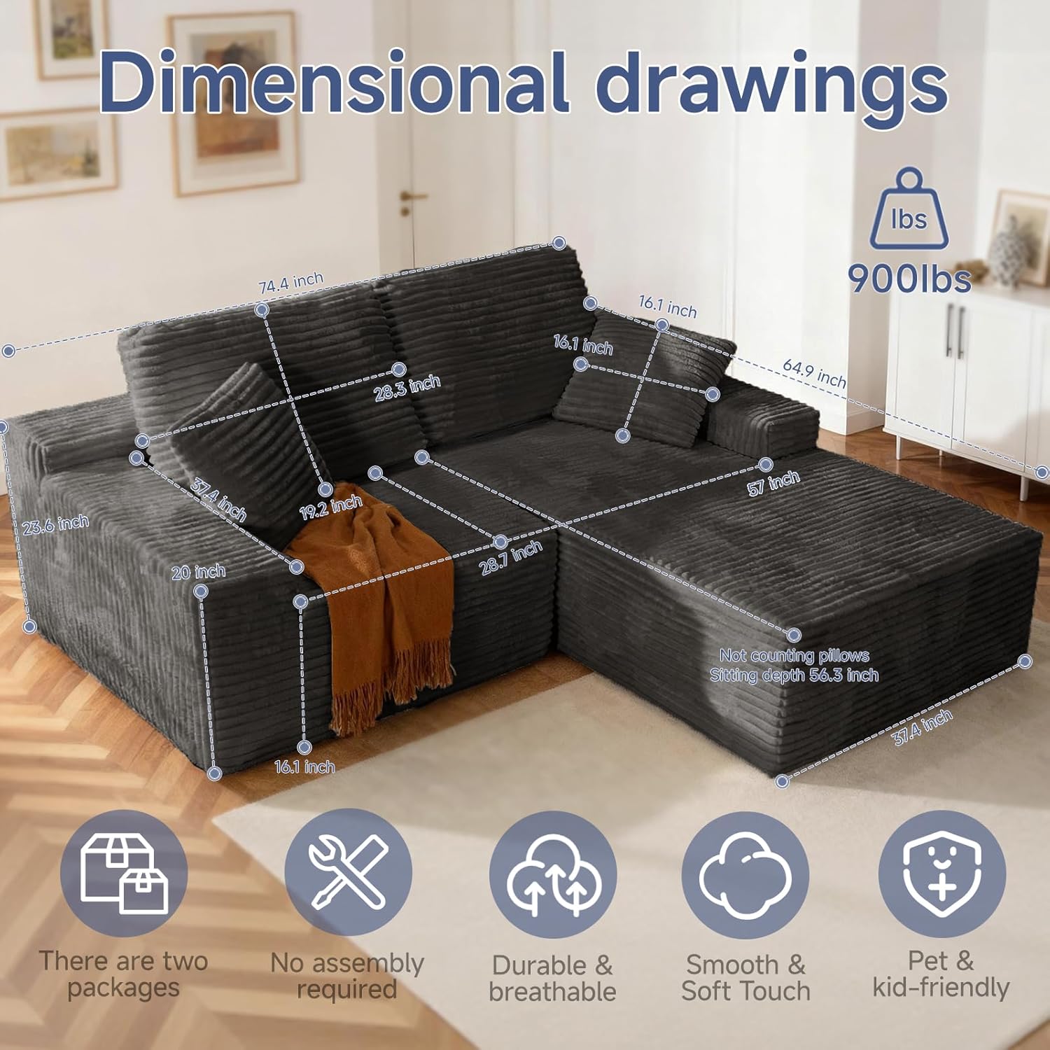 75 Cloud Modular Boneless Couch, L-Shaped Right Facing Chaise Sectional Sofa, Deep Seat Plush Corduroy Upholstery - Memory Foam Comfy Fluffy Couches for Living Room Bedroom, No Assembly Required