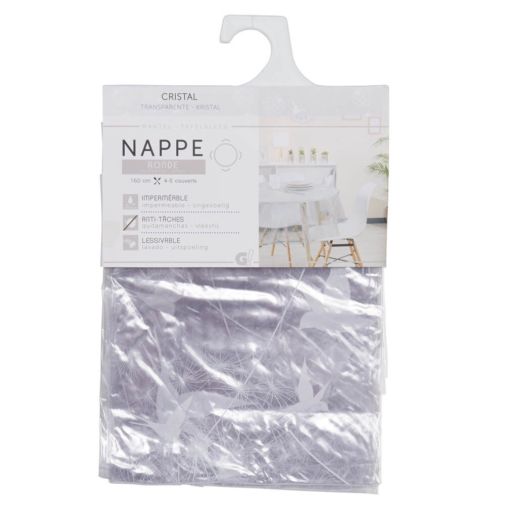 Nappe ronde plastique transparent motif pissenlit blanc