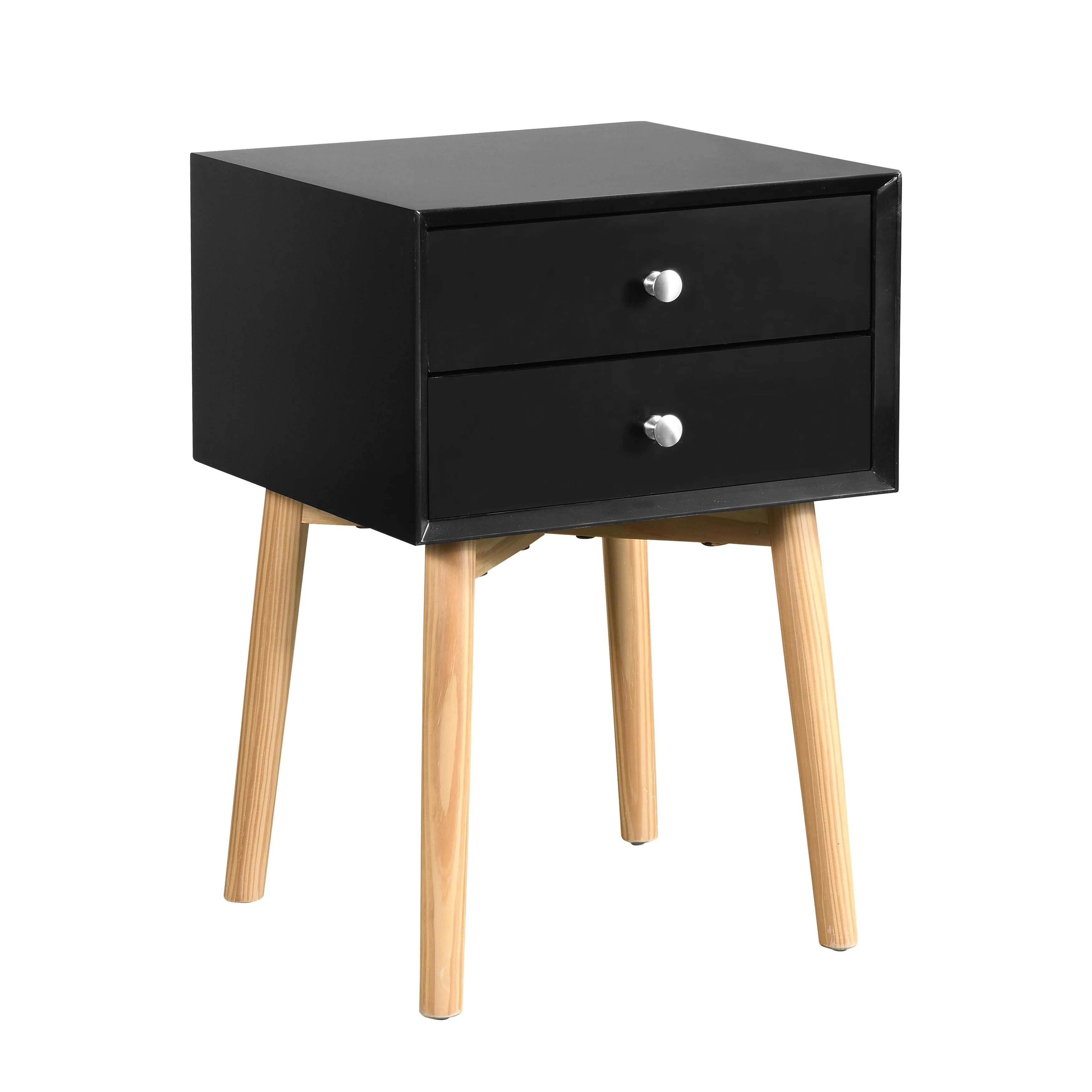 Side Table, Bedside Table With 2 Drawers And Rubber Wood Legs