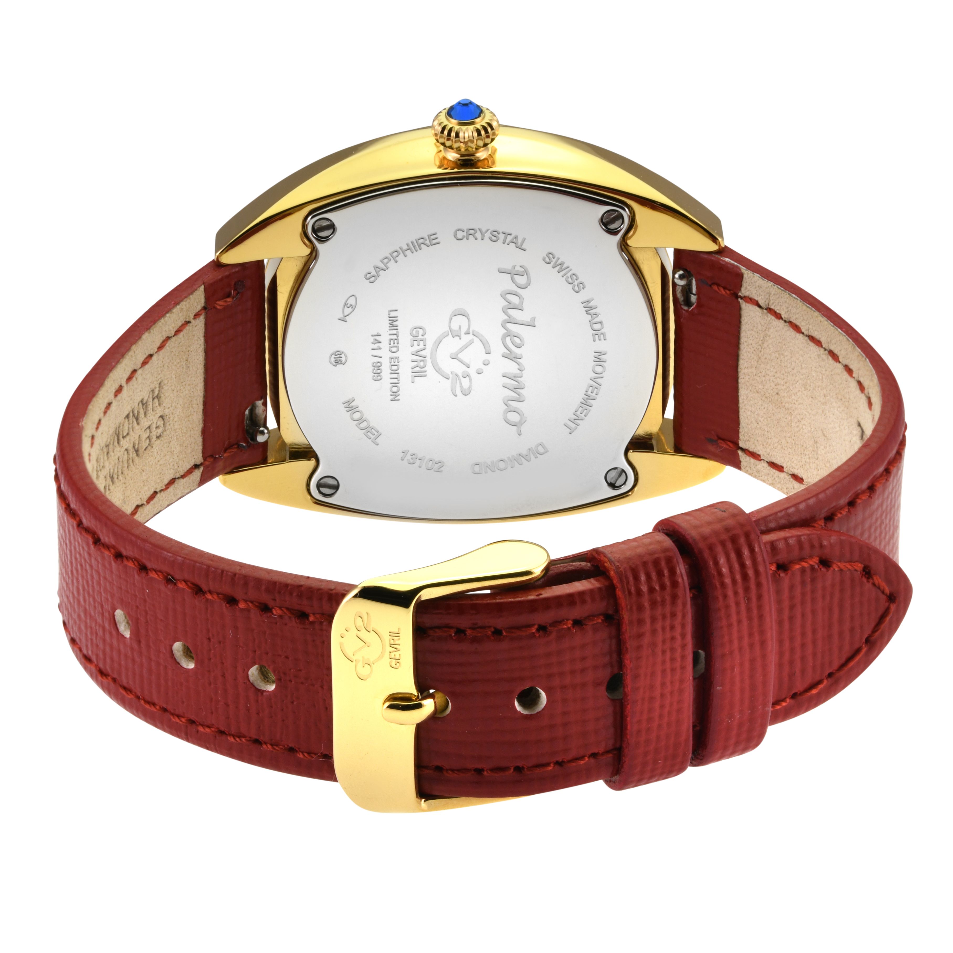 GV2 Palermo Diamond , 316L Stainless Steel IPYG Case, MOP White Dial, Genuine Red Handmade Leather Strap Swiss Quartz Watch