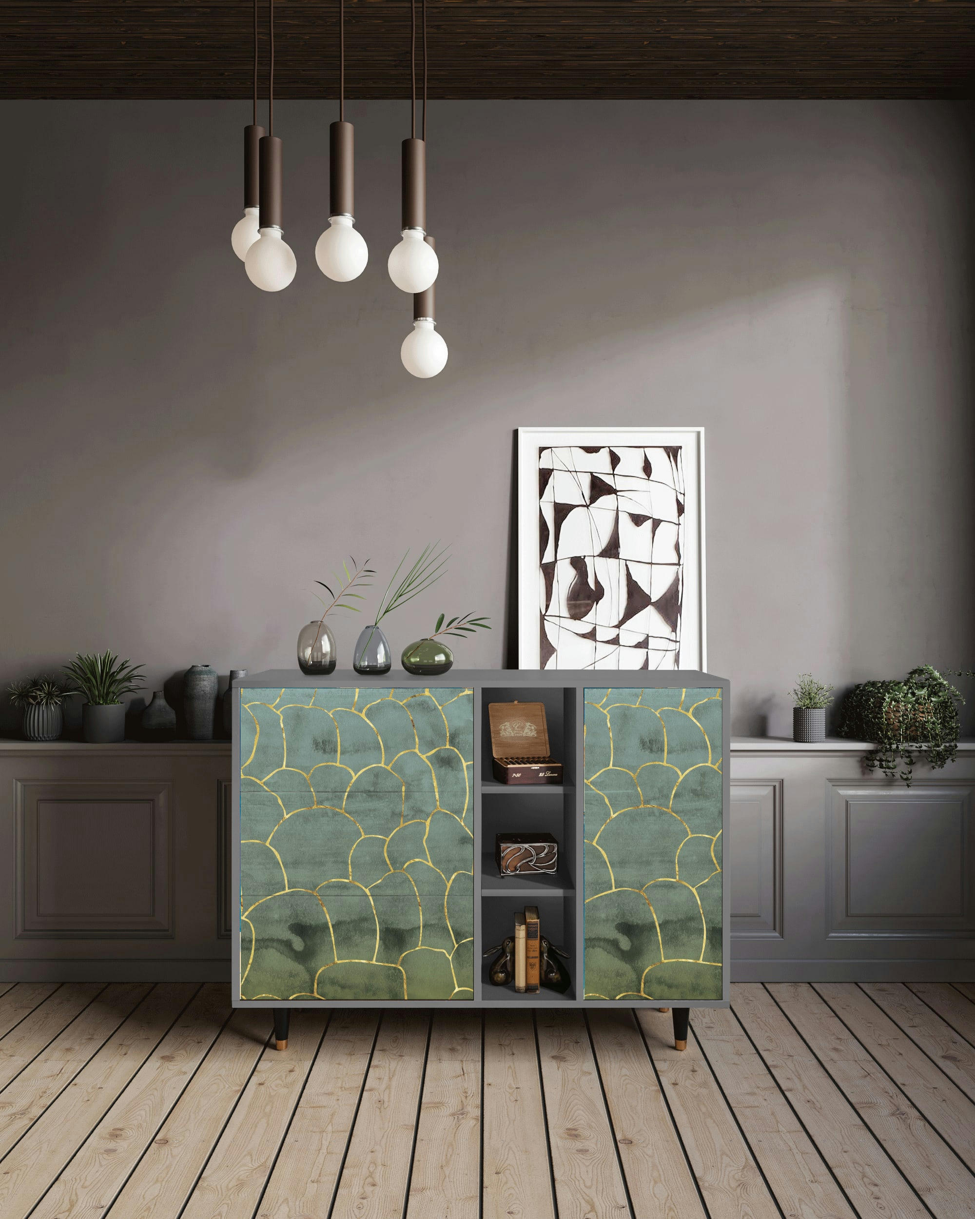 MAGNIFICENT WATER LILY - Buffet  bleu-vert 3 tiroirs et 1 porte L 125 cm