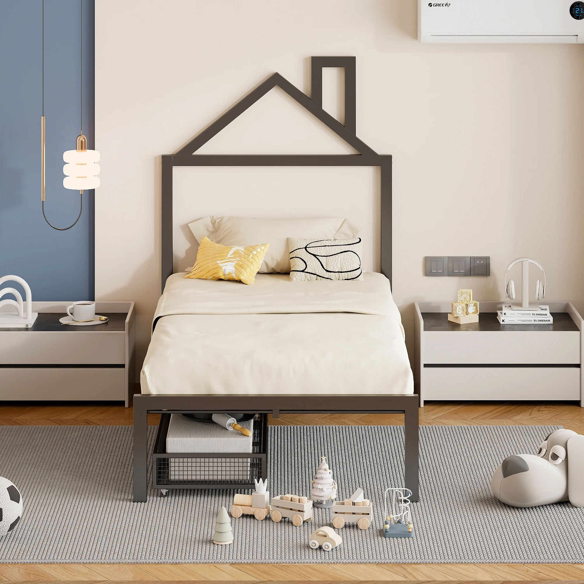 House-Themed Metal Twin Platform Bed with Storage Drawers, Sturdy Frame.