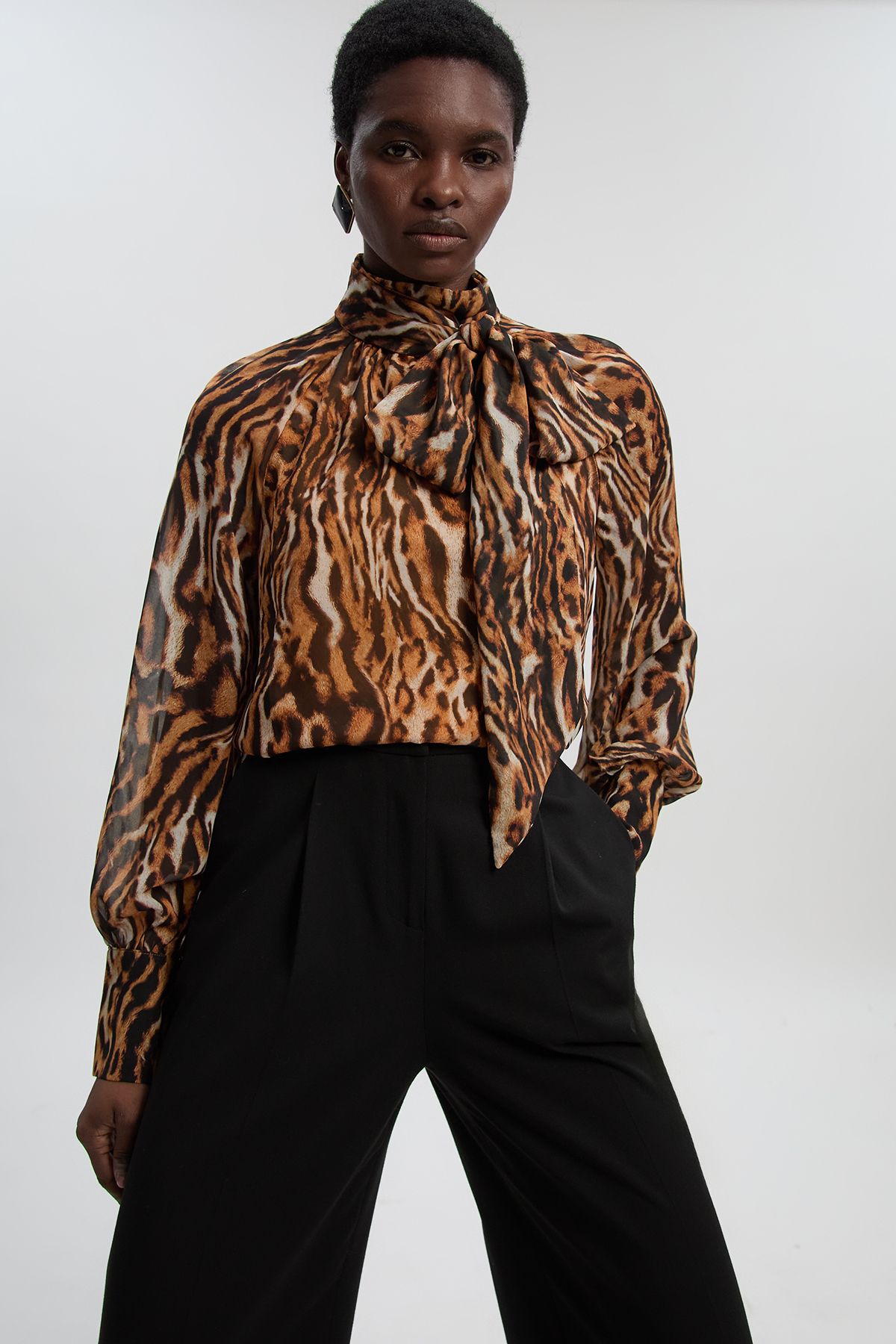 KarenMillen Animal Print Georgette Tie Bow Neck Woven Blouse