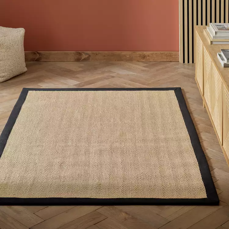 Habitat Herringbone Khaki Border Jute Rug - 80x150cm