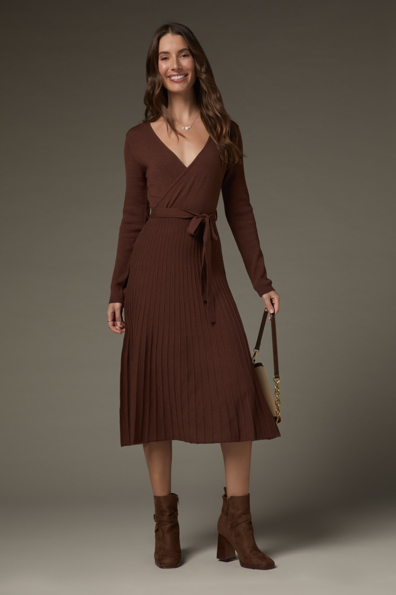 Eleanor Tie Waist Wrap Sweater Midi Dress Brown