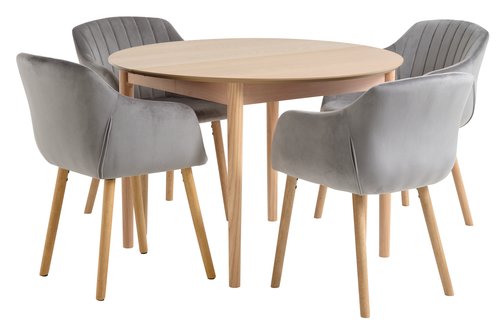 MARSTRAND D110 table oak + 4 ADSLEV chairs grey velvet