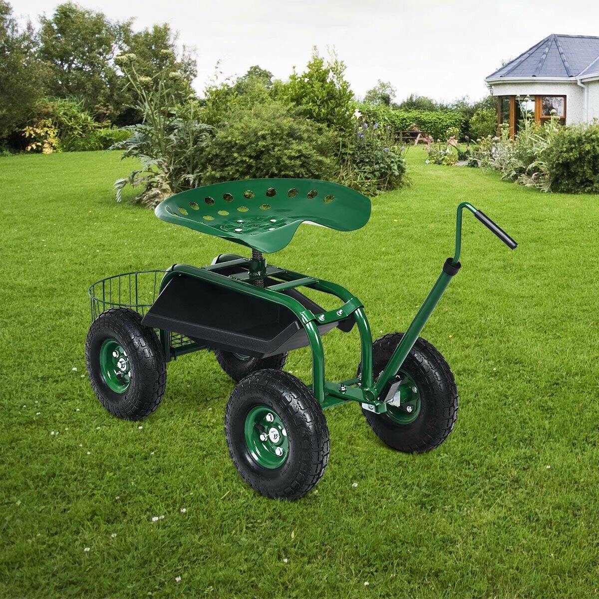 Rolling Garden Cart with Seat Gardening Workseat with Extendable Hook Handle