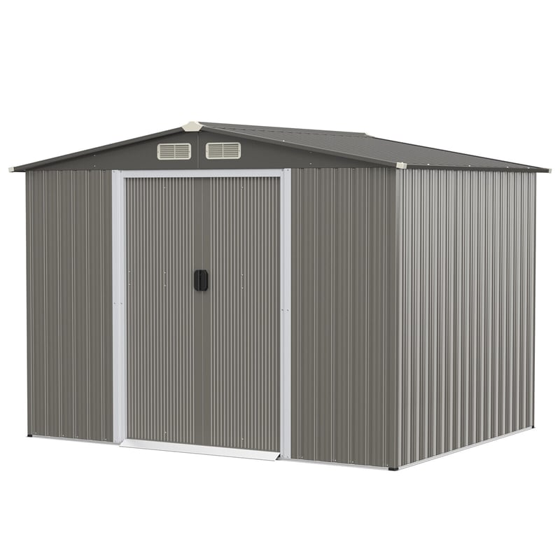 8' x 6' Outdoor Storage Shed Galvanized Steel Garden Tool House with Foundation, 4 Louvers, Double Doors & Ramp for Lawn Yard